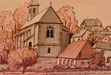 A rouge tone village scene with church by Olive Freeman, watercolour, offered Aug 2023