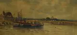 A river boat with a thatched cottage and distant town by W. Fox, watercolour, offered Aug 2023