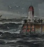 A lively seascape with lighthouse to the right by F.W. Ridley, gouache, offered Aug 2023
