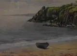 A sandy bay with moored rowing boat by Gabriel Blair, watercolour, offered Aug 2023