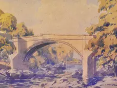 A stone arched bridge with river beneath by Henry W Bracken, watercolour, sold Aug 2023