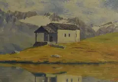 South America - a church in front of a snow by J. Aguier, oil on board, sold Jul 2023