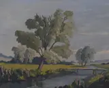 Rural river scene by Charles G. Johnson, oil on board, offered Jul 2023