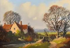 An autumnal countryside landscape with farmhouse by Vincent Selby, 1983, oil on board, sold Jul 2023
