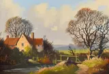 An autumnal countryside landscape with farmhouse by Vincent Selby, 1983, oil on board, sold Jul 2023