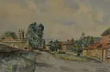 A village scene with a row of houses to by James W. Dyas, watercolour, offered Jul 2023