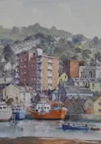 A colourful harbour scene, possibly Cornwall, with tall buildings and docked boats by G.L Cook, 1969, watercolour, offered Jul 2023