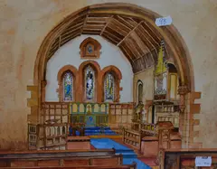 A church interior by J. Ormerod, 1981, gouache, offered Jul 2023