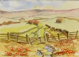 A naive depiction of farmland with fence by Walter DuBois Richards, watercolour, offered Jul 2023