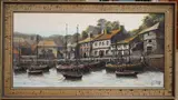 Padstow harbour view with moored fishing boats by Kevin Platt, oil on canvas, sold Jan 2025