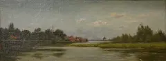 Amsterdam river landscape by Herbert Lyndon, oil on canvas, sold Jan 2025