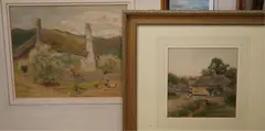 Cottage garden scenes by Curtius Duassut, watercolor, sold Jan 2025