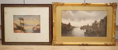 Riverscape with barges by James Walter Gozzard, watercolour, sold Jan 2025
