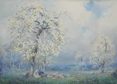Orchard scene by Max Ludby, watercolour, sold Jan 2025