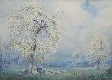 Orchard scene by Max Ludby, watercolour, sold Jan 2025