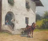 Haymaking scene and horse and by Peter Eichhorn, oil, sold Jan 2025