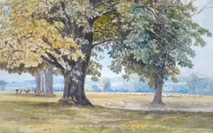 Sheep and cattle grazing in a landscape by George Stanfield Walters, 1874, watercolour, sold Jan 2025