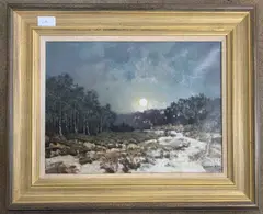 Moonlit woodland scene in winter by Walter Dexter, oil on canvas, sold Jul 2025
