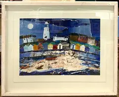 Coastal / Harbour scene with huts and a foregroung by Martin Laurance, mixed media, sold Jul 2025