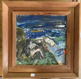 Figures in an abstract coastal landscape by Jeffery Camp, oil on canvas, sold Jul 2025