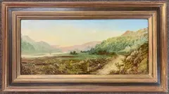 Landscape view with two foreground figures by George Augustus Williams, oil on board, sold Jul 2025