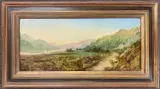 Landscape view with two foreground figures by George Augustus Williams, oil on board, sold Jul 2025