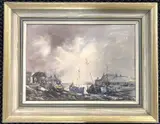 Beached fishing boats on the coastline by Pamela Noyes, oil on board, offered Jul 2025