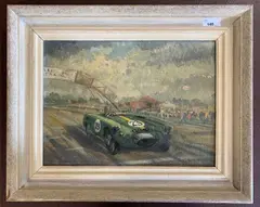 Jack Sears in 1954 Lister MG by Cavendish Morton, oil on board, sold Jul 2025