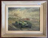 Jack Sears in 1954 Lister MG by Cavendish Morton, oil on board, sold Jul 2025