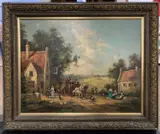 Stagecoach and figures alongside an inn by Gudrun Sibbons, oil on canvas, offered Jul 2025