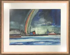 Shipping scene with a central rainbow by Arthur Freeman, watercolour, sold Jul 2025
