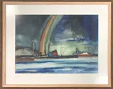 Shipping scene with a central rainbow by Arthur Freeman, watercolour, sold Jul 2025