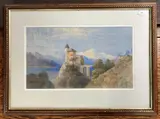Continental castle with mountainous ranges in the distance by Edgar E. West, watercolour, sold Jul 2025