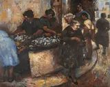 Fishsellers at Tossa De Mar by John Bowen, oil on board, sold Nov 2025