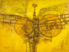 Entitled verso 'Harvest Bird by Ogwyn Davies, 1974, acrylic and oil, sold Nov 2025