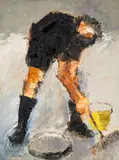 Figure with Rake by Alastair Elkes-Jones, oil on canvas, sold Nov 2025