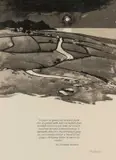 Monochrome print - view across farmland with moon and extract by Kyffin Williams, print, sold Nov 2025
