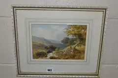 An angler sits of the banks of a small stream by John Mole, watercolour on paper, sold Jun 2023
