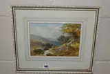 An angler sits of the banks of a small stream by John Mole, watercolour on paper, sold Jun 2023