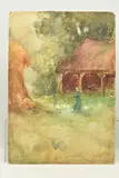 Barn and haystack by George Clausen, watercolour on board, sold May 2023