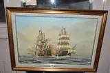 A maritime battle between two ships at sea by William Henry Stockman, oil on canvas, sold May 2023