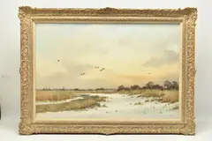 A landscape at dusk with a flight of birds by Colin W. Burns, oil on canvas, sold May 2023