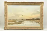 A landscape at dusk with a flight of birds by Colin W. Burns, oil on canvas, sold May 2023
