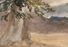Mountainous landscape with trees in the foregroundBlack chalk and by David Cox Sen., watercolour, sold Mar 2023