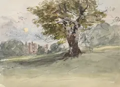 Study of an oak tree with a castle beyond at duskWatercolour and black by David Cox Sen., Watercolour and black chalk, sold Mar 2023