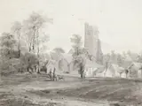 Villagers outside a country churchSigned with by François Louis Thomas Francia, Pen and ink with grey wash, sold Mar 2023