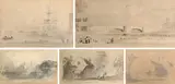 Study of ships in a harbour by John Varley Ows, pencil, sold Mar 2023