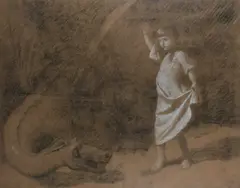 A young child and a dragonBlack and white chalk on paper laid on by Thomas Cooper Gotch, drawing, sold Mar 2023