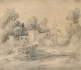 Landscape with a road winding past extensive farm buildingsSigned by Thomas Gainsborough, Pen and grey ink, and stump23 x, sold Mar 2023