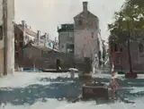 Street scene in Venice Signed with monogram by Tom Coates, Oil on canvas, sold Dec 2022